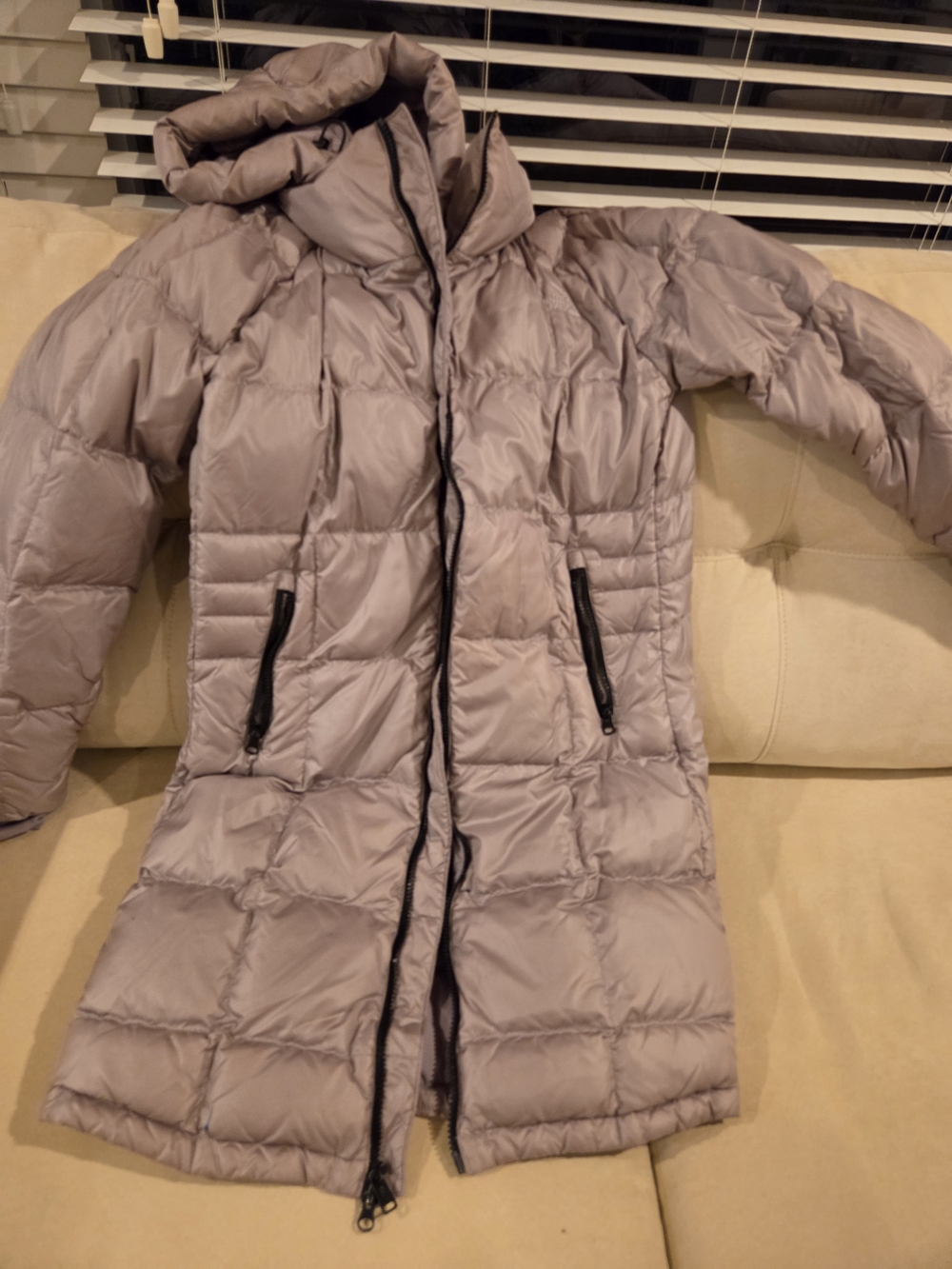 Long Quilted Puff Coat in Light Taupe